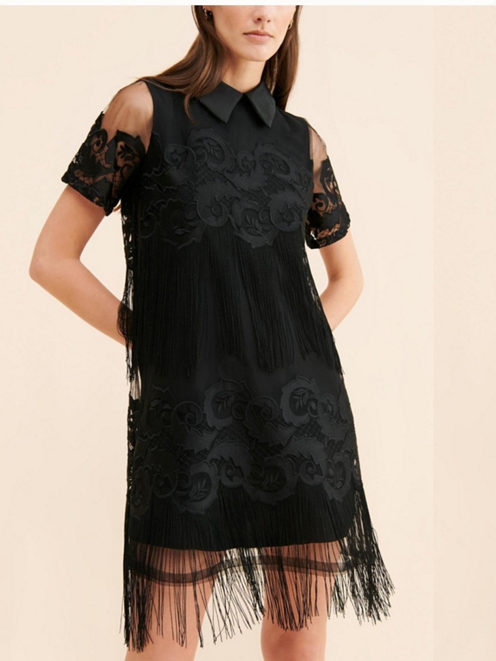 Anthropologie Maeve Fringed Shift Mini Dress Womens Small Lace Black